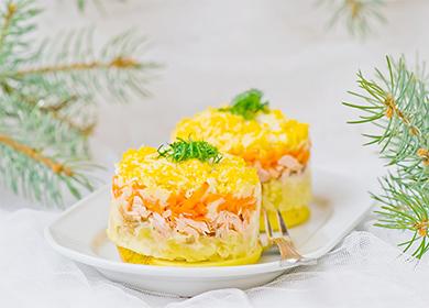 Салата Мимоза с консерви, солена риба, раци и черен дроб на треска: 12 вкусни рецепти